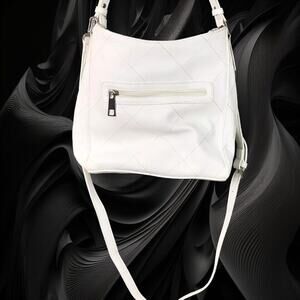 Sondra Roberts White Faux Leather Shoulder Bag Multi Zip Pockets Medium